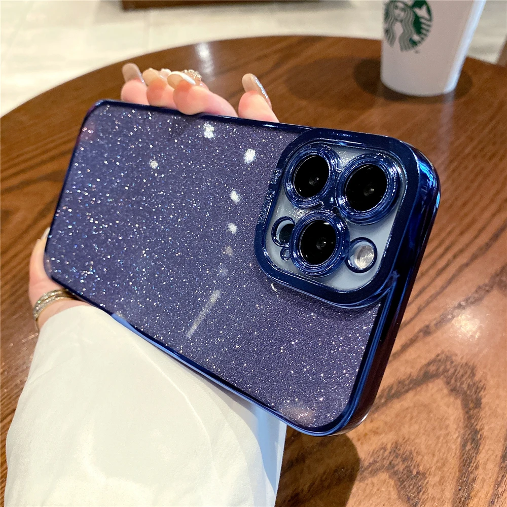 thumbnail image 1 of Luxury Plating Silicone Glitter Transparent Case For iPhone 15 14 11 12 13 Pro Max Mini XR X XS 6 7 8 Plus SE Shockproof Cover, 1 of 5