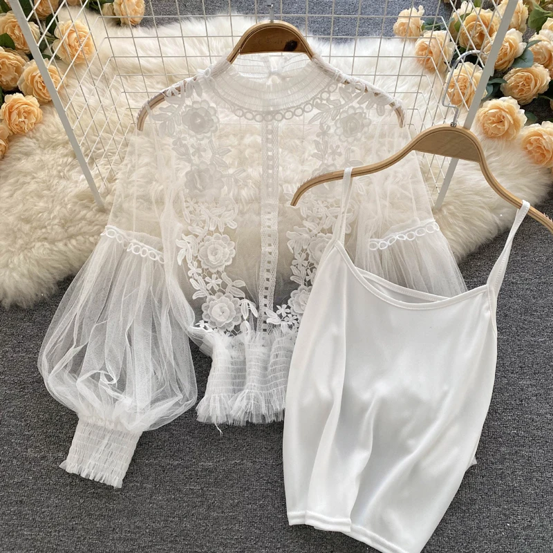 بلوزات صيفية أنيقة من الدانتيل على الطراز الكوري ملابس نسائية غير رسمية بأكمام طويلة بلوزات نسائية أنيقة Estilosa Y338