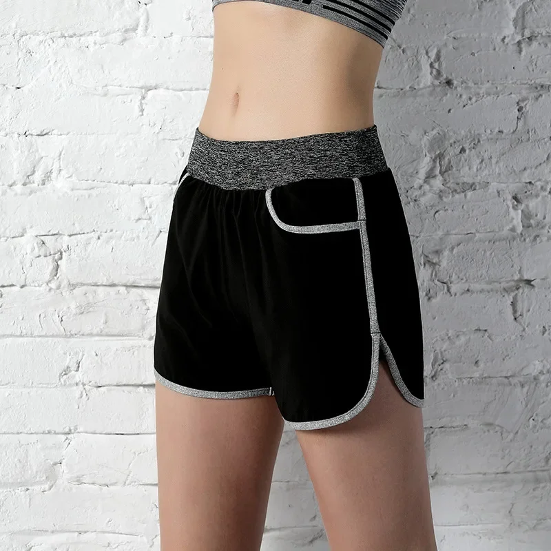 High Elasticity Three-Quarter Length Color Block Pocket Sports Shorts Women's Fitness Running Pants Tummy Control Butt Lifting