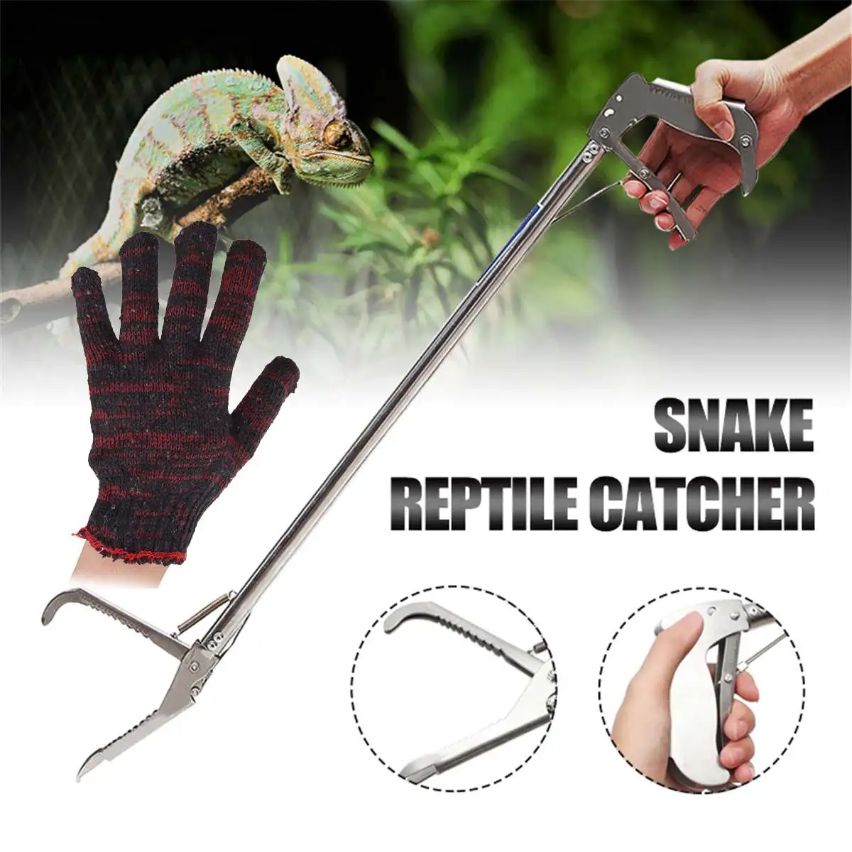 Foldable Reptile Snake Tongs Stick Grabber Foldable Catcher Wide Jaw Tool Heavy Duty Pest Control Products Gloves Snake Bag