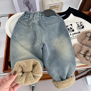 Children's Fleece-lined Jeans Boys Girls Plush Velvet Denim Pants New Kids Winter Thickened Warm Trousers Infant Clothing 2-8Y 1