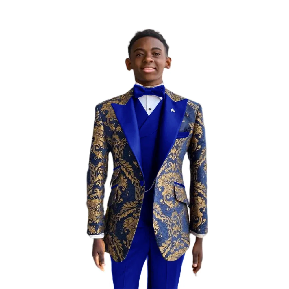 Boys Suits Wedding Tuxedo Navy Blue Gold Pattern Jacket Vest Pants 3 Pcs Set Formal Party Fashion Kids Blazer Sets