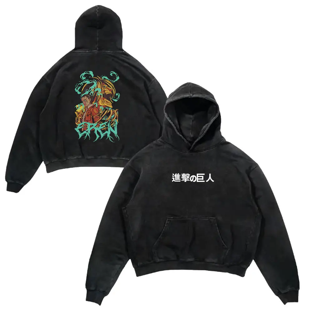 Anime Cotton Washed Hoodies Graphic Vintage Attack On Titan Print Y2K Hooded Sweatshirts Oversized Aesthetic Streetwear Pullover
