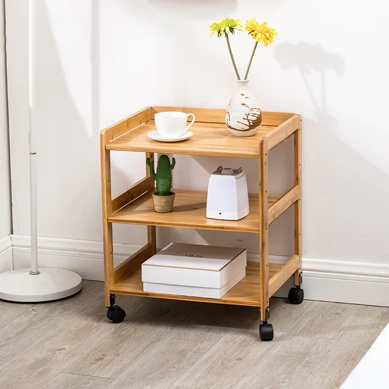 3 Layers Living Room Bamboo Furniture Movable Tea Coffee Tables Home Creative Beside Sofa Family Corner Square Table with Wheels