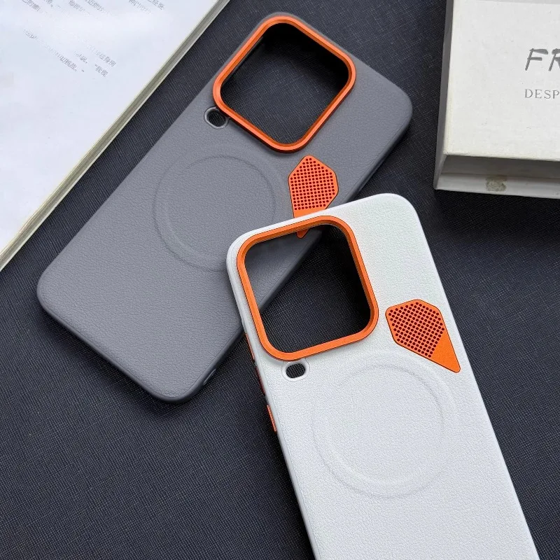 Luxury Magnetic Metal Heat Dissipation Leather Phone Case with Orange Lens Frame, Shockproof