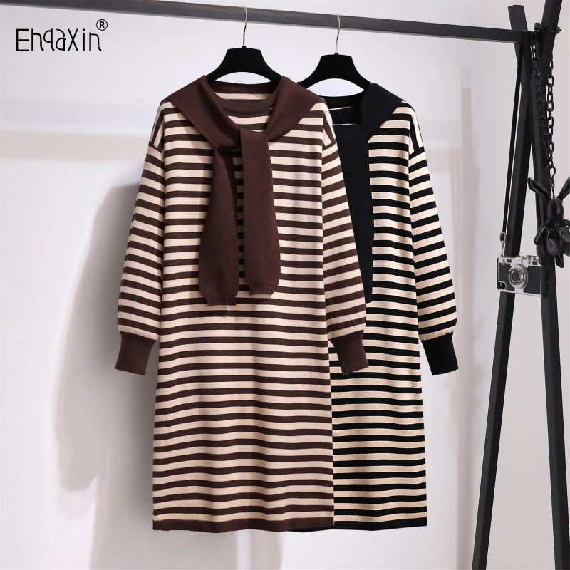

EHQAXIN 2023 Autumn Winter New Women's Knitted Dress Elegant Korean Stripe Loose Versatile Shawl Long Knit Dresses One Size