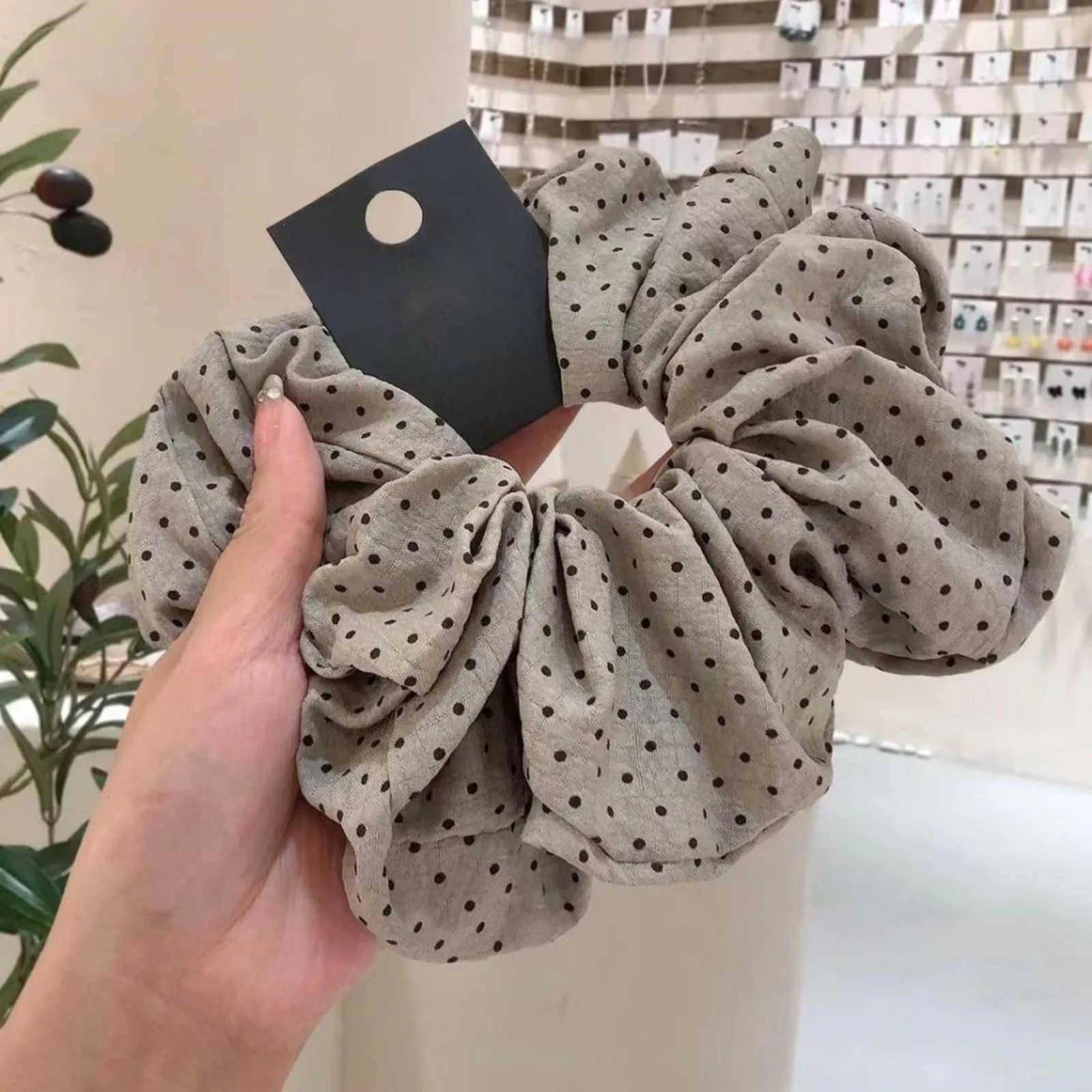 1PC　Korean Style Polka Dot Linen Hair Scrunchies, Large - Size Elegant Simple Hair Ties for Ponytails, Fashion Hair Accessories