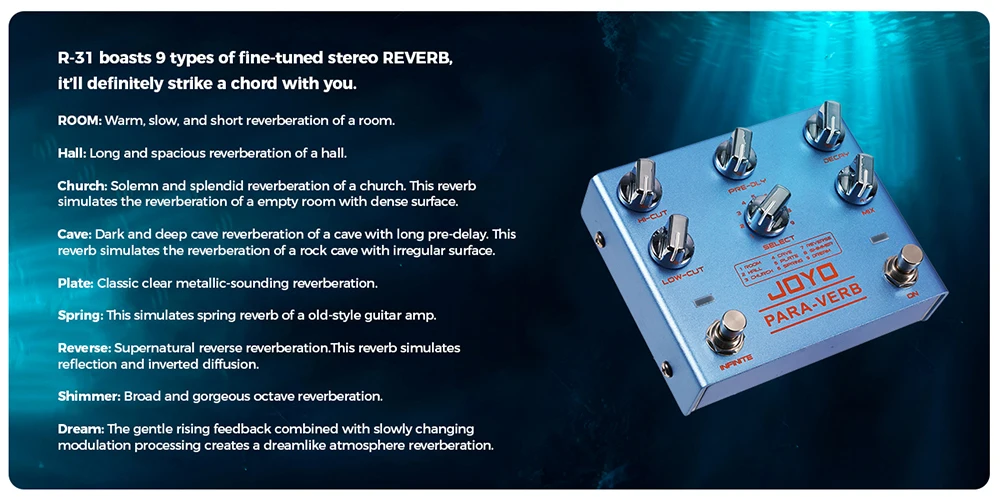 R-31 PARA-VERB Reverb Pedal Infinite & Trail Function 9 Stereo Reverb Effects Pe