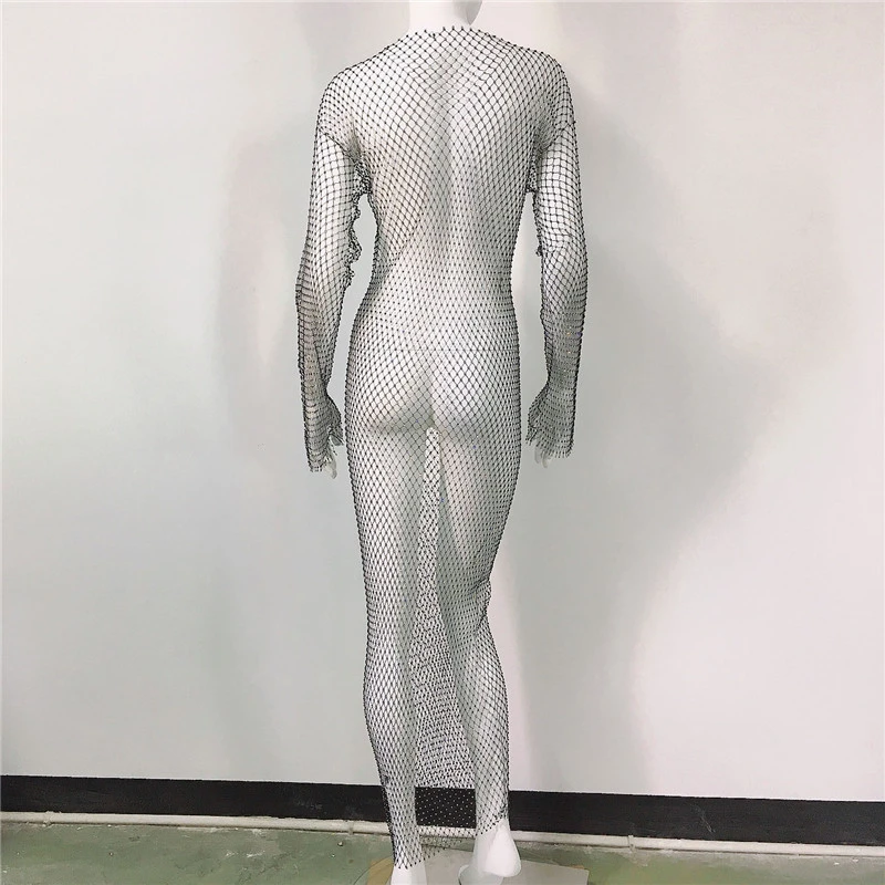 Glänzendes Strass-Gitter-Fischnetz-Kleid mit langen Ärmeln, O-Ausschnitt, aushöhlen, 2026, Sommerkleid, sexy Strand-Vertuschung, atmungsaktiv, Damen-Vestidos – Detail 7