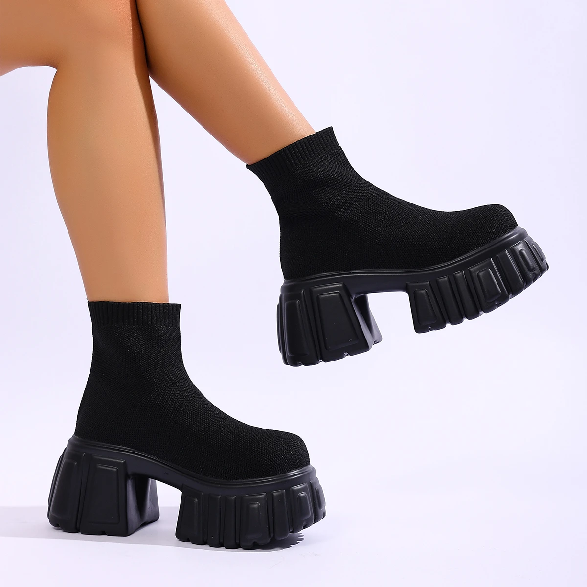 Aphixta 8cm High Heels Ankle Boots Platform Stretch Fabric Upper Woman Autumn Shoes Slip On Modern Boots Lady Sock Boot Size 42