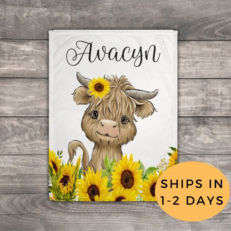 

Cow Blanket, Blanket Name, Minky Floral Blanket, Blanket Personalized Adult, Baby Girl Farm Animal Blanket,Boho Throw Blanket