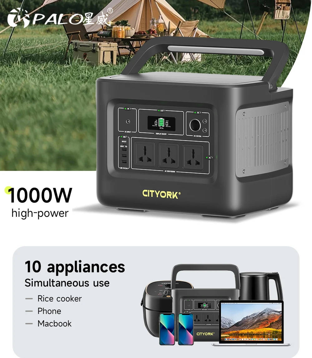 PALO 200-240V 1000W Solar Generator Portable Power Station for Outdoor Camera Drone Emergency Power Supply Home Car Drone Laptop