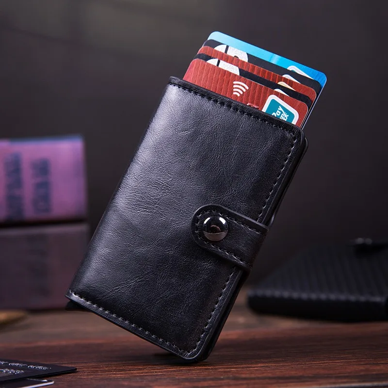 2024 Carbon Fiber Credit Card Holder Wallet Men PU Leather POP-UP Anti-theft Aluminum Card Box Minimalist Wallets BlacK Purse