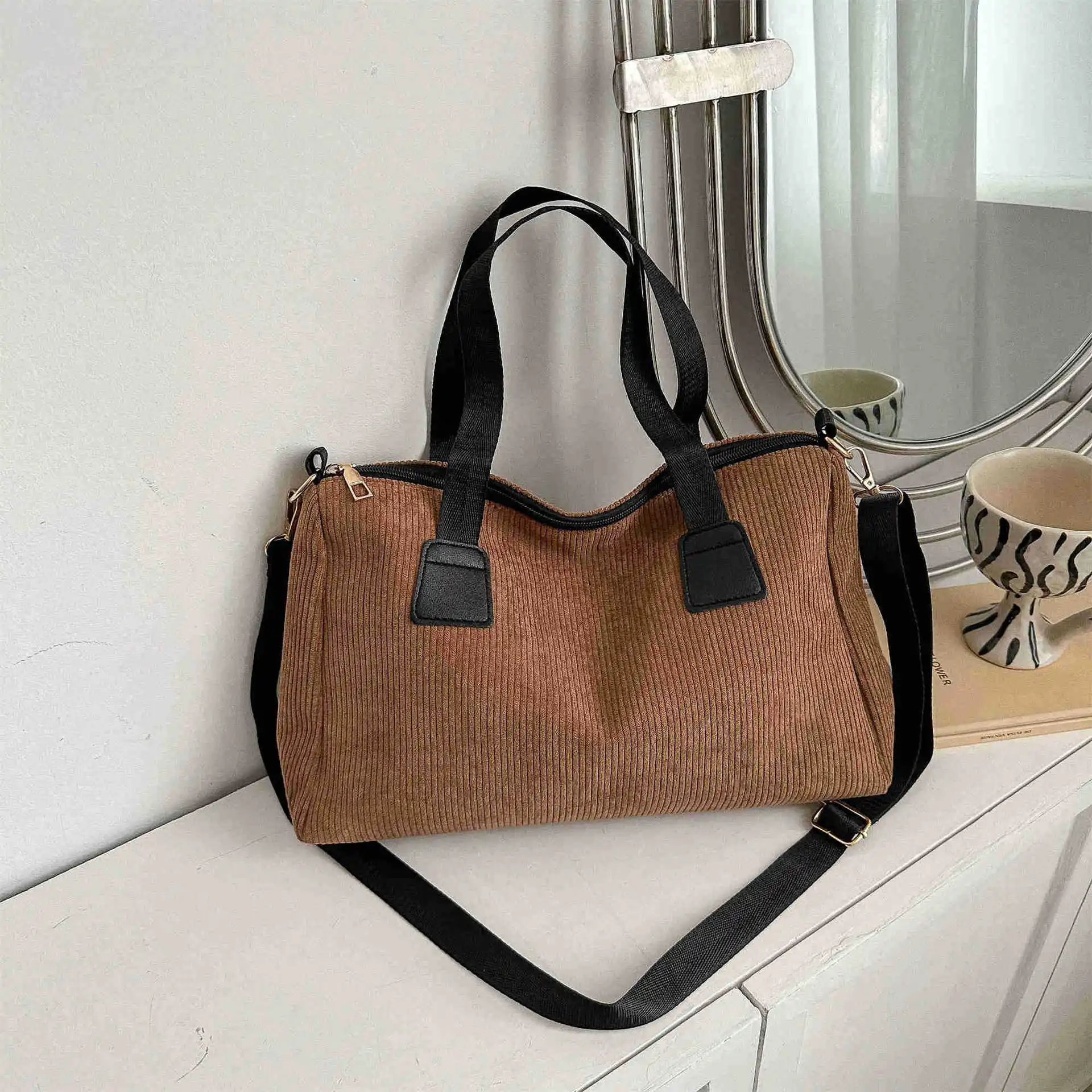 Dora & Liz Women's Large Corduroy Hobo Bag - Crossbody Shoulder Bag Tote Purse (Brown)