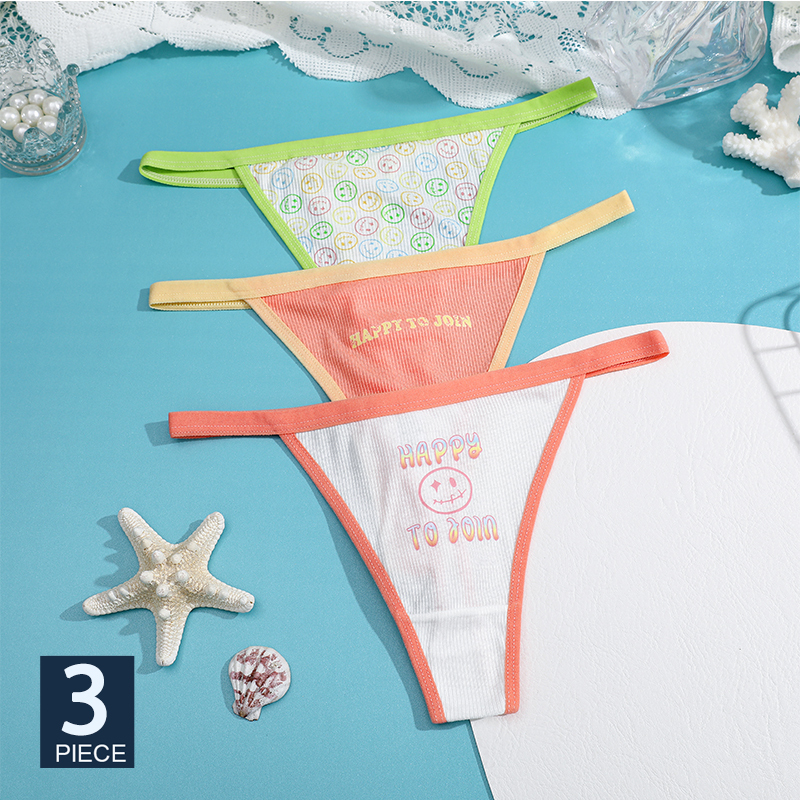 FINETOO 3Pcs/Set Cotton Female Sexy Fashion G-String Panties Low Waist Panties Women Strap T-back Underwear Prints Lingerie S-XL