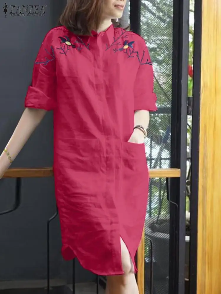 

2023 ZANZEA Fashion Floral Embroidery Shirtdress Female Autumn Casual Robe Woman Long Sleeve Lapel Dress Elegant Botton Sundress