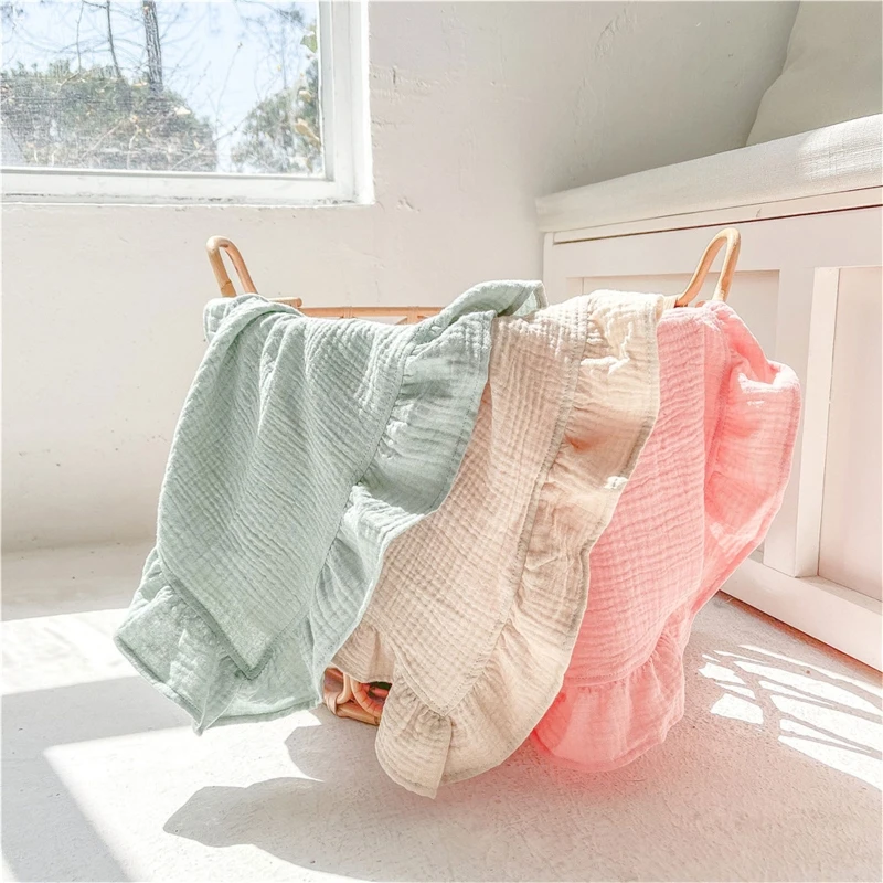 Solid Colour Cotton Muslin Baby Blanket Newborn Ruffles Swaddle Wrap