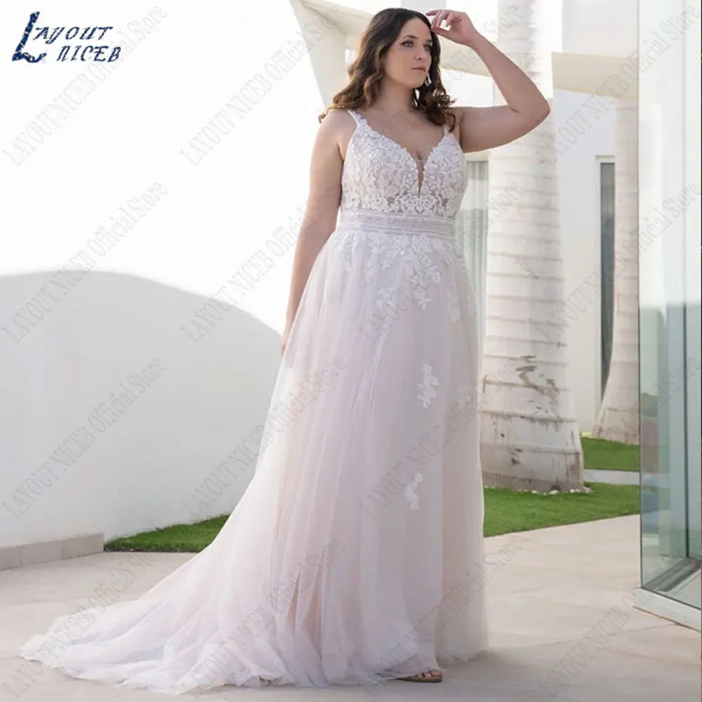 

LAYOUT NICEB Plus Size Appliques Wedding Dresses Sleeveless Backless Bridal Gowns Spaghetti Straps Tulle Vestido De Noiva 2024