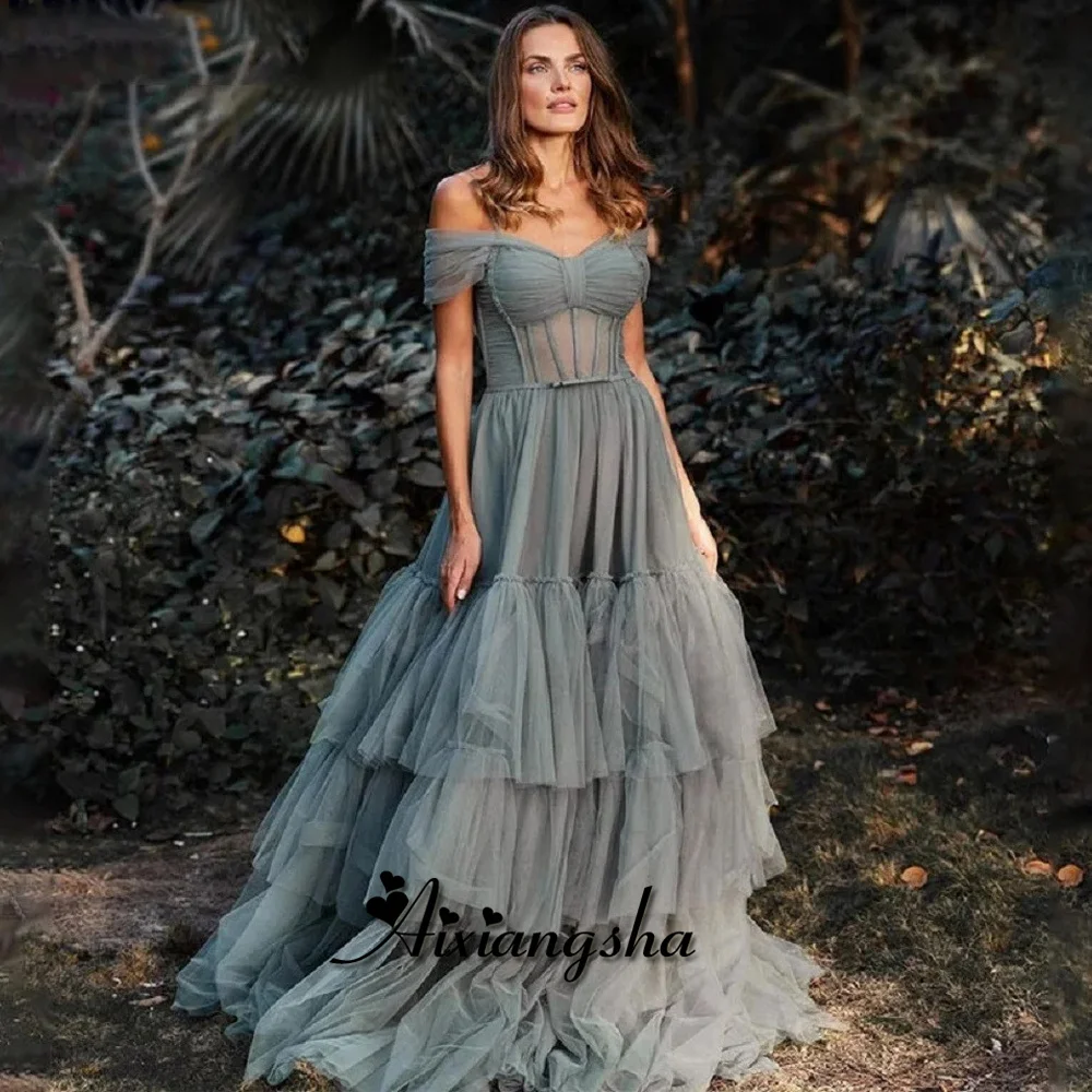 

Aixiangsha Whisper Layered Prom Dresses Bateau Neck Off the Shoulder Bustier Draped Formal OccasionRobe de Soriee Drop Shipping
