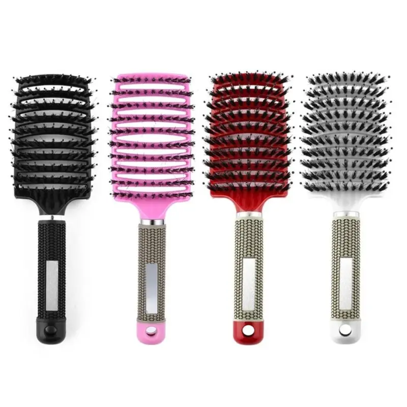 

Womens Nylon Bristles Detangle Hairbrush Anti-Static Curved Vented Ribs Curly Hair Scalp Massage Comb Salon Hairdressing Styling