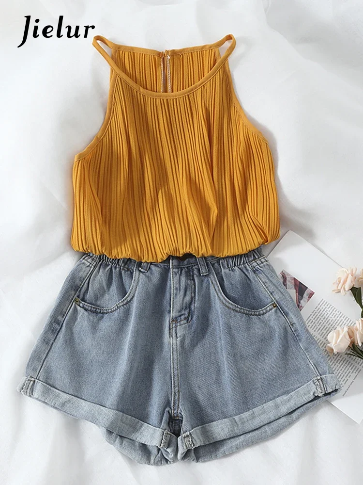 Jielur New High Waist Denim Shorts Women Korean Casual Loose Ladies Fashion Plus Size Elastic Waist Wide Leg Short Jeans Female