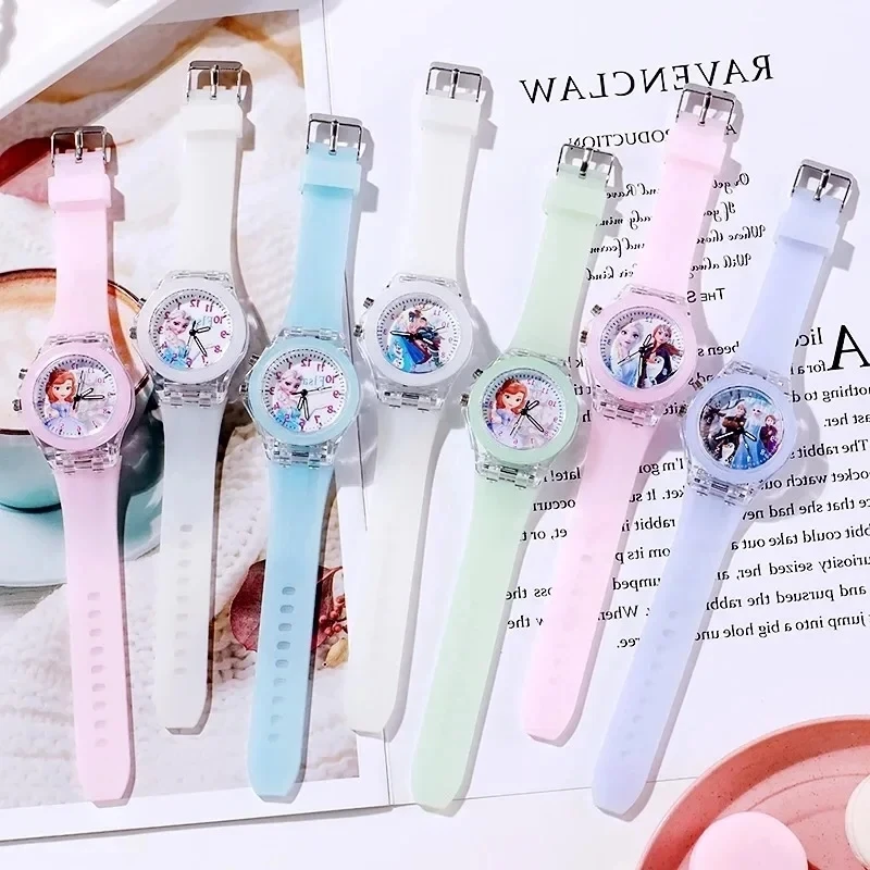 MINISO Disney Children Watch Frozen Princess Pattern Led Glowing Flash Fashion Kids Quartz Wristwatch Christmas Gifts 2