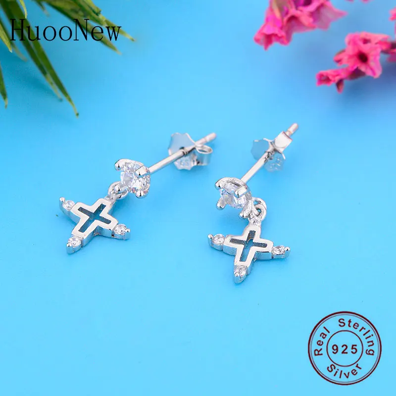 

100% 925 Silver Punk Minimalist Openwork Cross Zirconia Stud Earring Women Brinco Young Girls Pendientes Ear Piercing Whosale