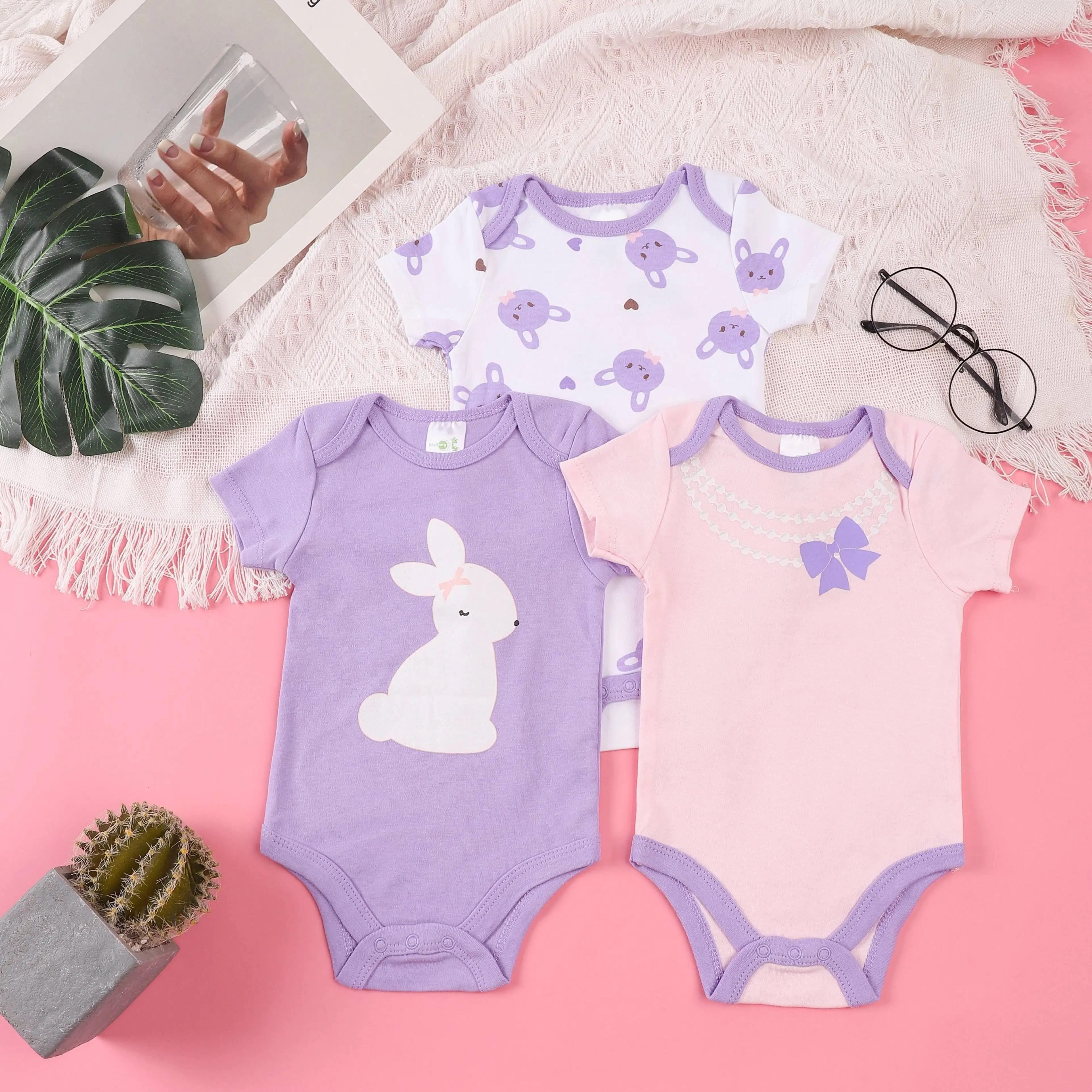 3PCS Summer Boys Girls Cute Pattern Hoodie Set Short Sleeved Triangle Jumpsuit Newborn Cotton Comfortable Pajamas cotton romper