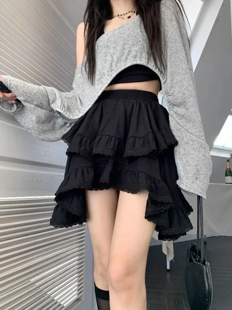 Lace High Waist Irregular Cake Skirts for Women A-line Sweet Girls All-match Korean Fashion Spring Summer Black White