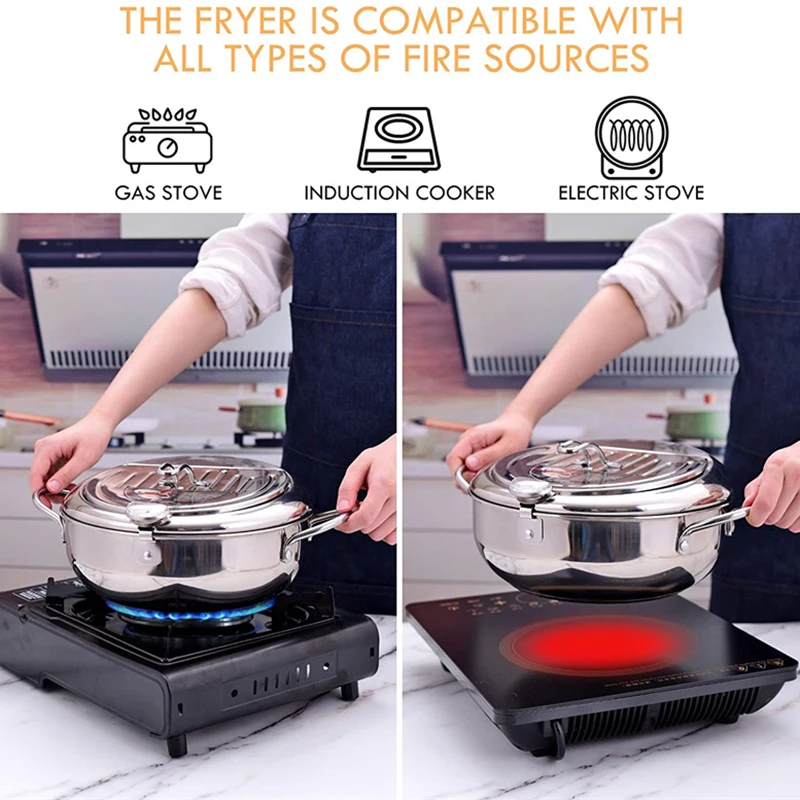 Premium Stainless Steel Japanese Tempura Fryer with Thermometer and Lid