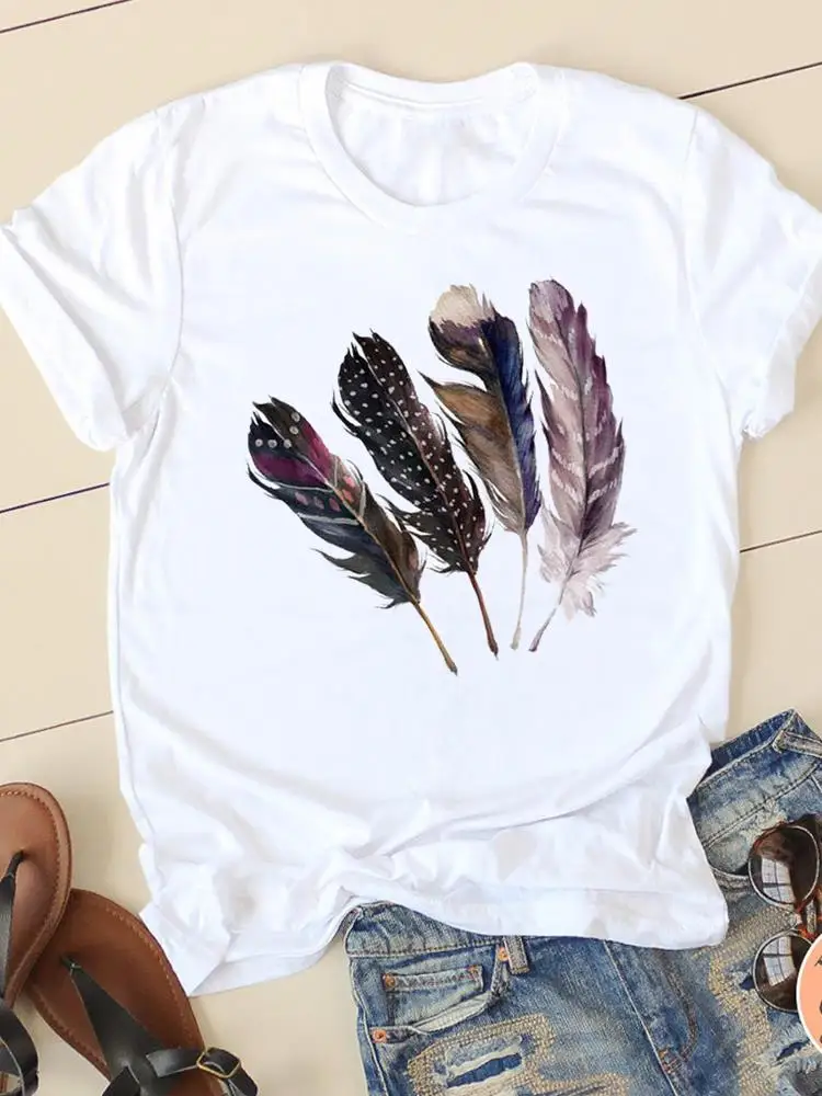 

Casual Graphic T-shirt Women Clothes Short Sleeve Lady Feather Vintage Trend Style 90s Fashion Print Female Shirt Tee