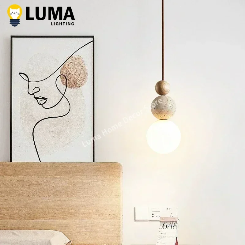 Luma Cream Style Yellow Travertine Pendant Lights, Nature Stone Wood Hanging Lamps for Bedroom Bedside Restaurant Kitchen Island 3