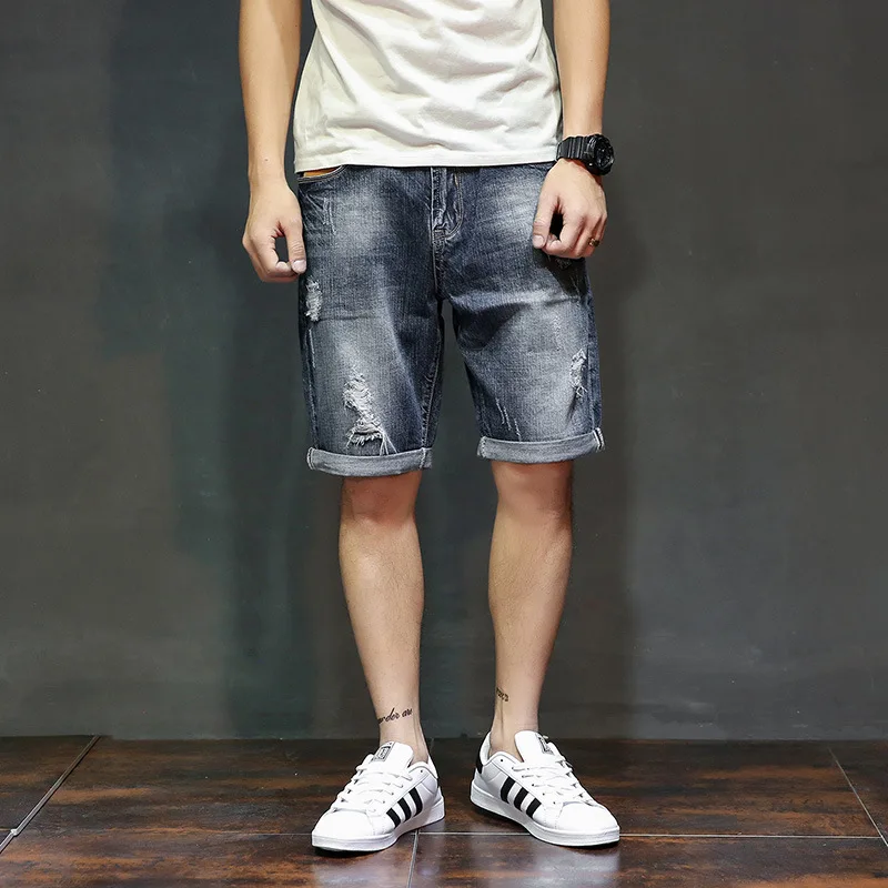 Big Pocket Digital Pasted Denim Shorts Men Summer Scraped Thread End Pure Cotton Slim Fit Fold Stitching Line Broken Hole Zipper