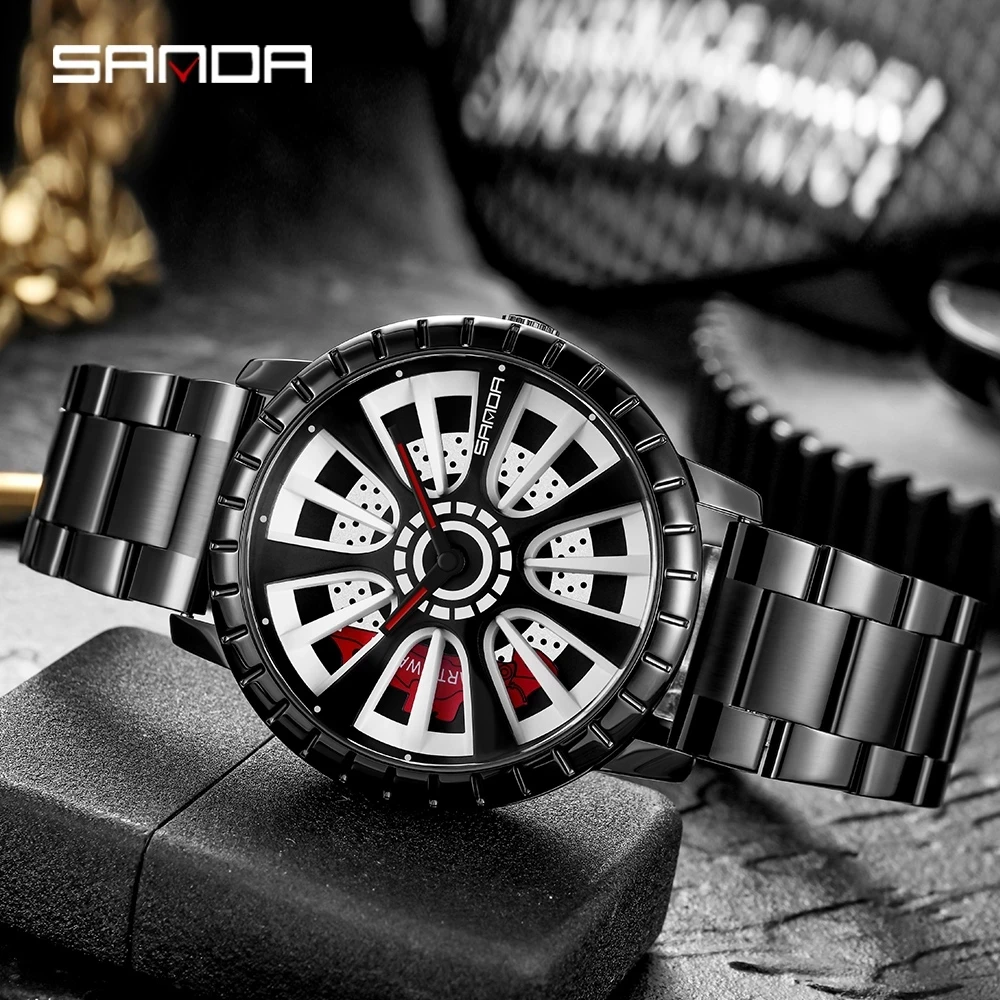 2023 New SANDA 1054 Fashion New Men Watch Unique Hollow out Wheel Dial Quartz Wristwatch Water Resistant Gifts Relogio Masculino