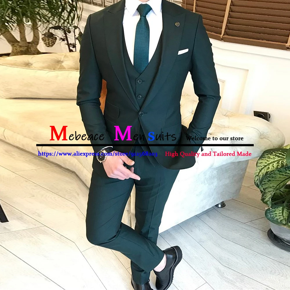 

Модный мужской костюм темно-зеленого цвета, мужские свадебные костюмы, облегающий деловой костюм для мужчин, Блейзер, мужской костюм из 3 предметов, куртка, брюки, Terno