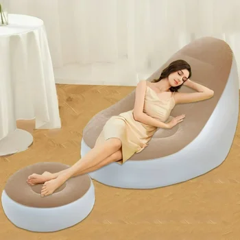 Lazy Sofa Chair Foldable Portable Flocked Recliner with Footstool for Outdoor Camping Lounge Living Room Inflatable Tatami Seat