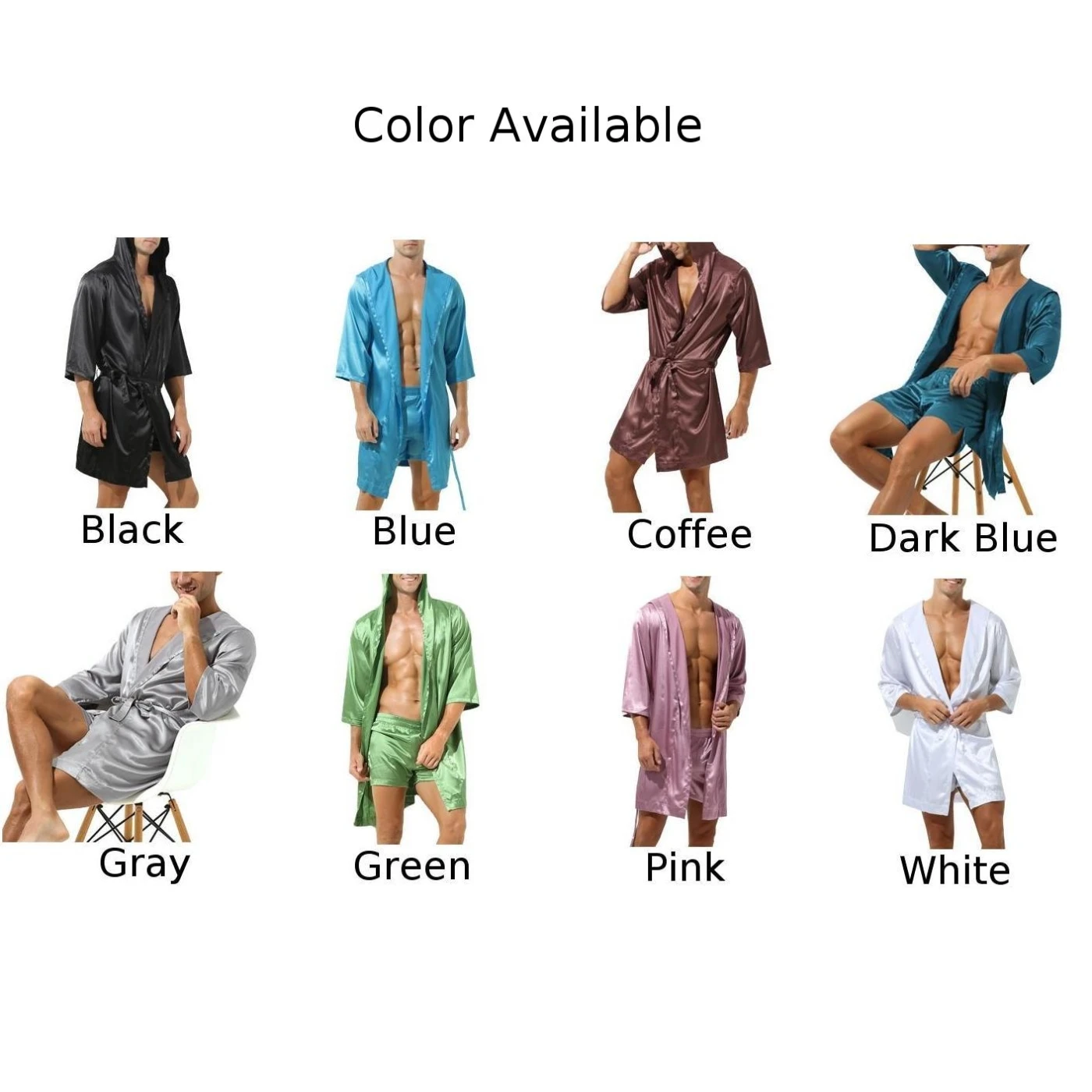 Men's Hooded Robes Loose Satin Silk-Like Summer Bathrobe Pajamas Sleepwear Gown Bath Robe Nightwear Kimono Robe