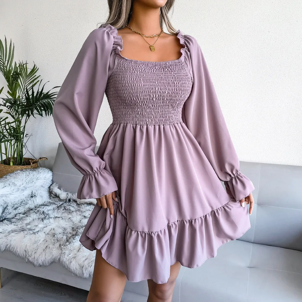 

New Chiffon Dress Women's Clothing Korea Stylish Ruffles Dress for Women Summer Women's Dress Flare Sleeve Solid Woman Clothing