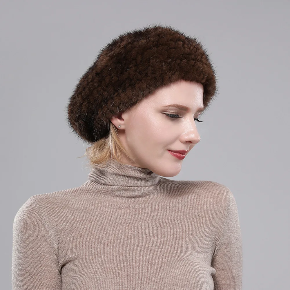 Real Mink Fur Berets Elegant Women's Winter Caps New Design Fashion Fur Hats Knitted Warm Natural Mink Beanies Hat
