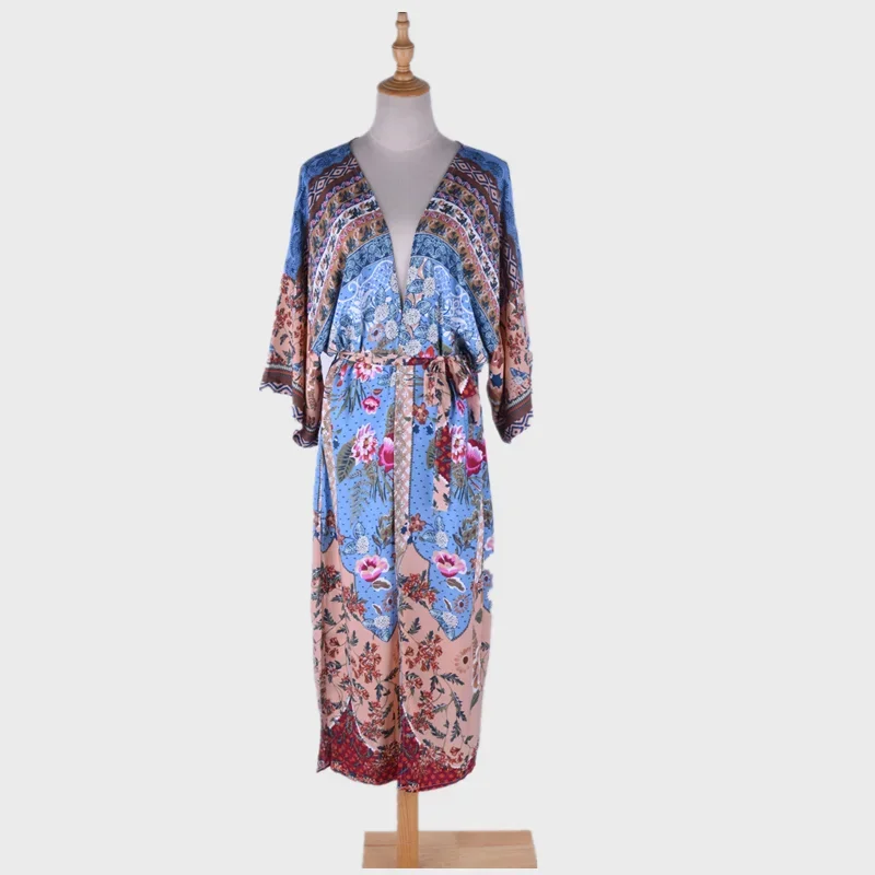 Kaftan Long Boho Beach Dress Bikini Cover-up African Cotton Hippy Floral Free Size Women Beach Wear Cover Up Caftan Maxi Gown 4