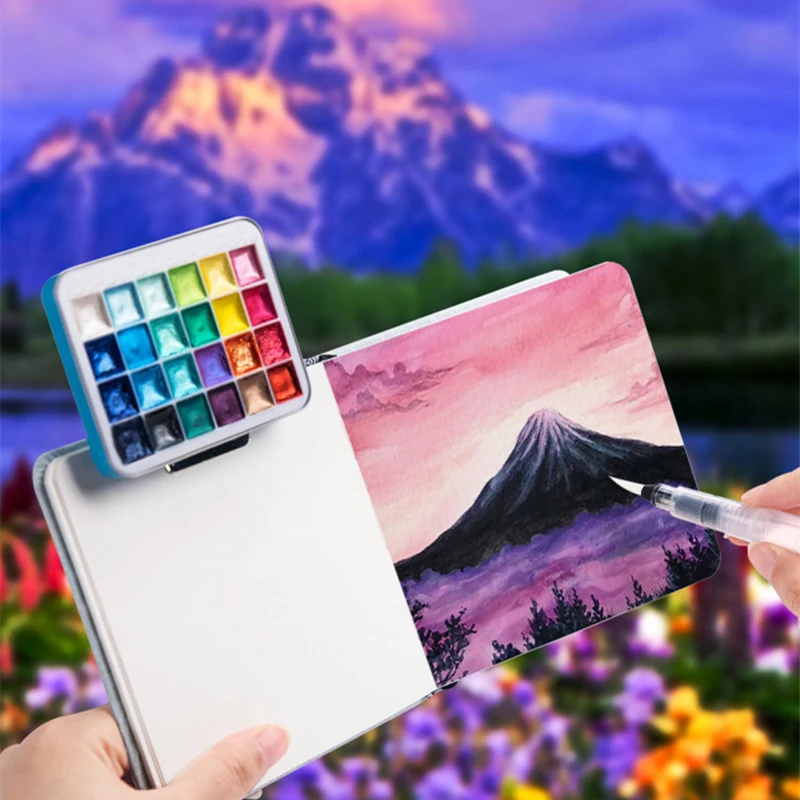 둔황 컬러 메탈릭 솔리드 수채화 안료, 컬러링 북 페인트, 워터 브러시, 구아슈 그래피티 드로잉, 24 색