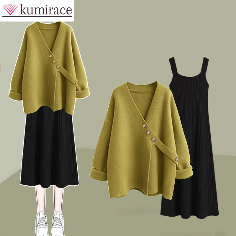 Large Size Set 2023 Korean Autumn New Knitted Sweater Versatile Strap Dress Women's Two Piece Winter Set Skirt Setdress Sets