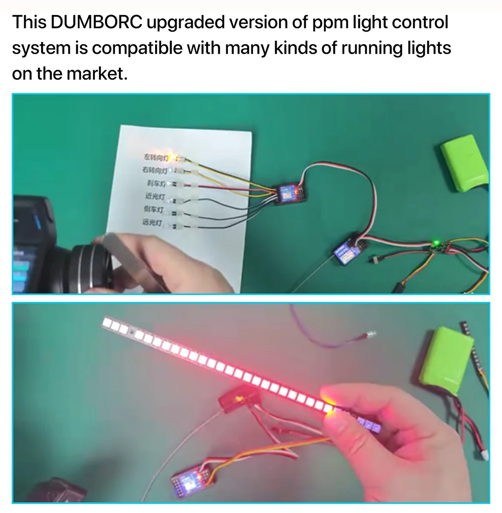 Modules d'éclairage LED du système PPM DUMBORC pour simulateur RC, montés sur une surface