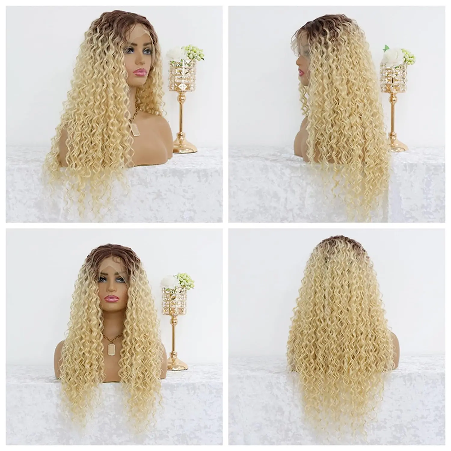 Ombre 613 Bleach Blonde Deep Curly Lace Front Wig Synthetic Hair Glueless Long Curly Blonde 13x4 Lace Front Wigs Pre Plucked