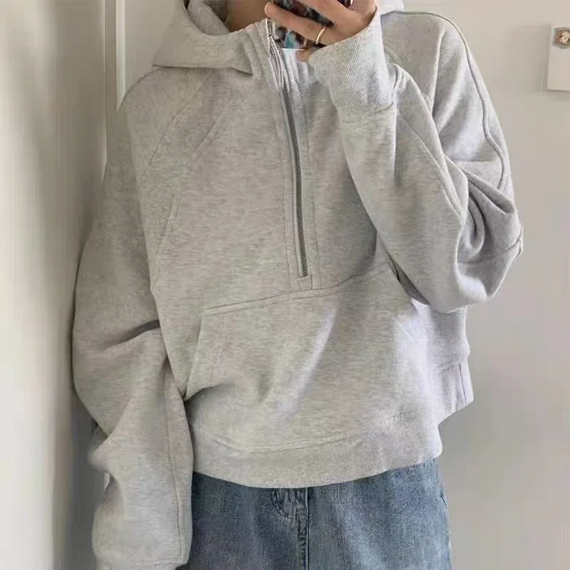

Women Scuba Ladies Loose Half Zip Hoodie Lulu Pullover Half Zipper Thickened Plush Hooded Embroidery Sweater Loose Sweater