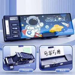 Cartoon Double Layer Pencil Case with Combination Lock - Large Capacity Stationery Box and Back to School Gift (Blue)