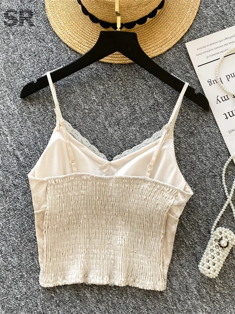 SINGREINY Lace Splice Velvet Camisoles Women Sleeveless Strapless Ruched Tops Autumn Slim Hotsweet Fashion Basics Mini Camis