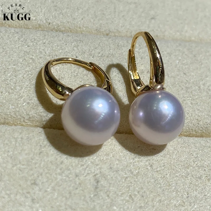 KUGG PEARL 18k Yellow Gold Earrings 9-9.5mm Real Natural Akoya Pearl Hoop Earrings Fashion INS Style Party Jewelry for Women