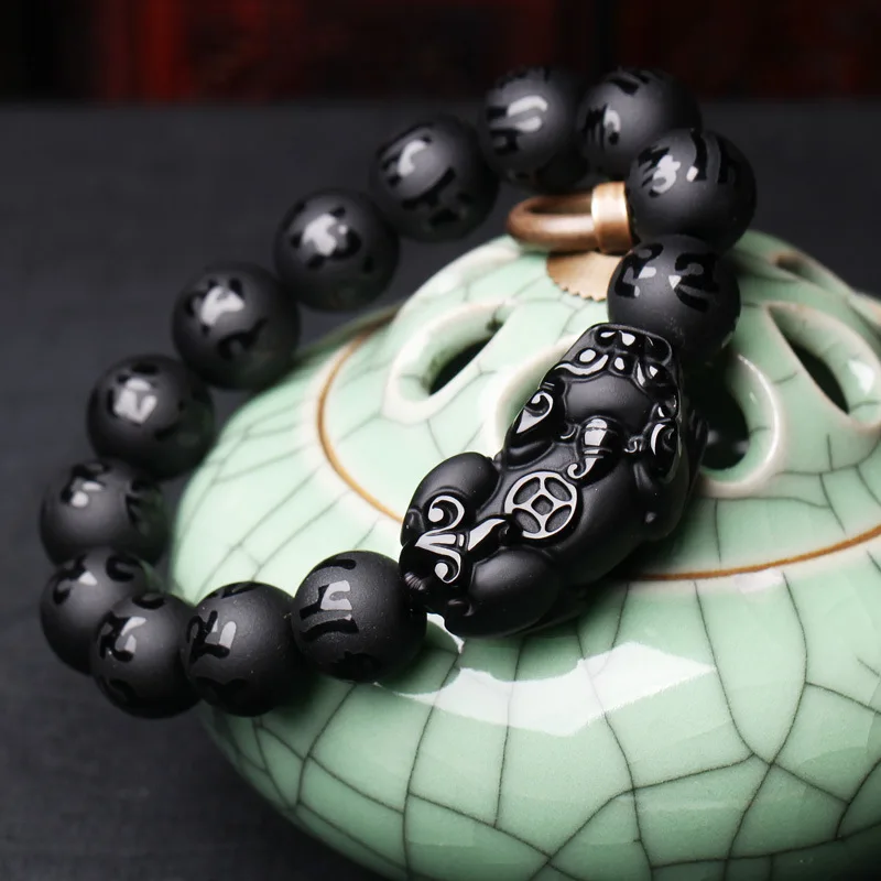 Bracciale Feng Shui Pixiu In Ossidiana Nera - Portafortuna Per Ricchezza E Protezione (Uomo/Donna, 8-14 Mm)