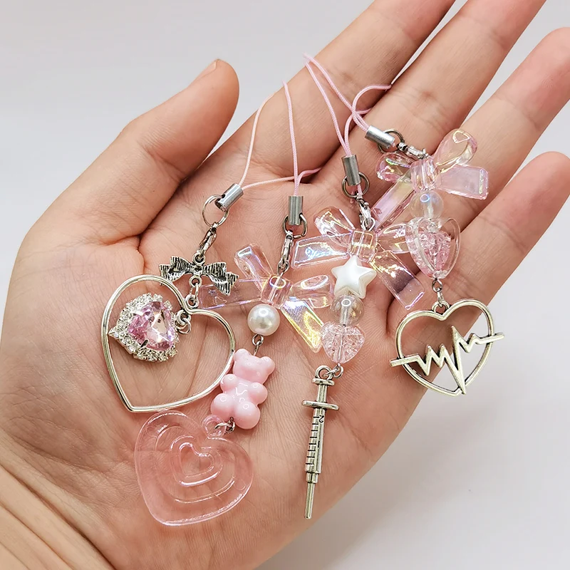 Y2k-Pendentif Perlé Pour Femme, Lanière De Sangle De Téléphone Portable, Rose Mignon, Doux Amour Cool, Bricolage Fait à La Main